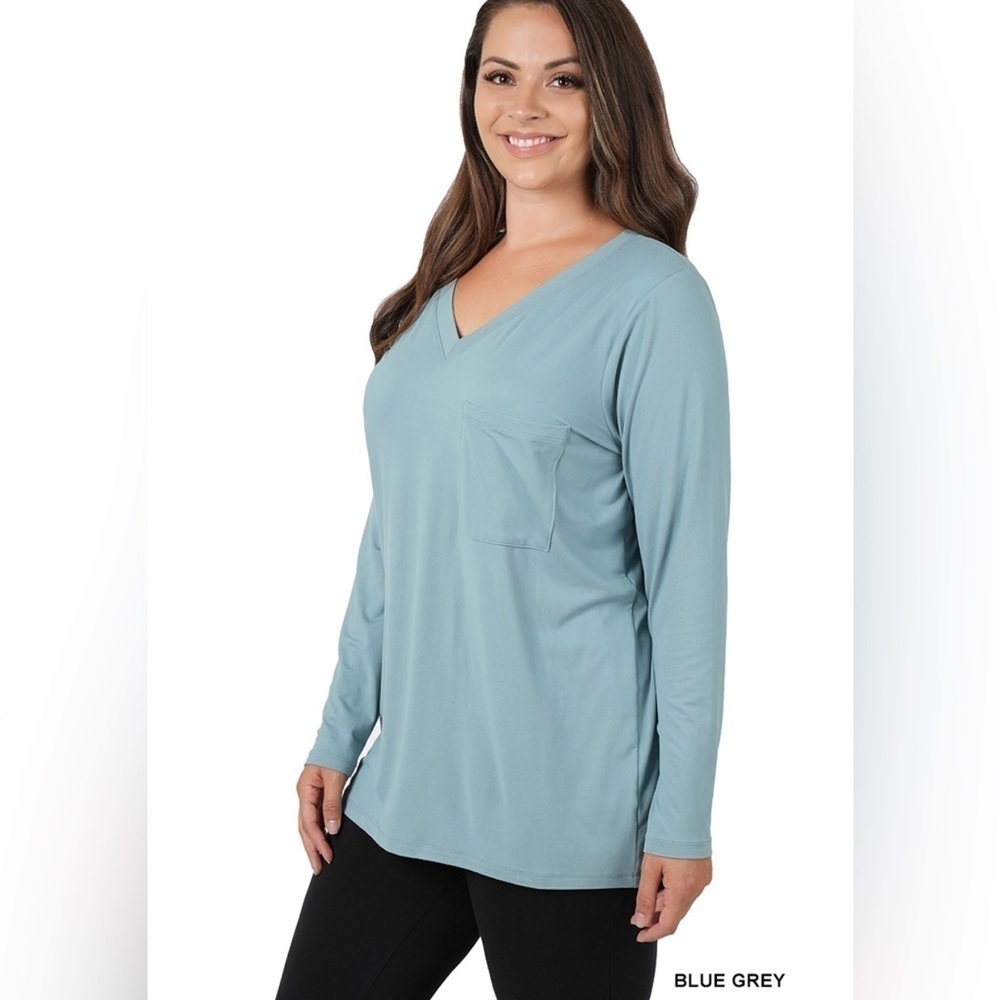 New!Plus Size Blue Gray PLUS BRUSHED MICROFIBER FRONT POCKET TOP Size…